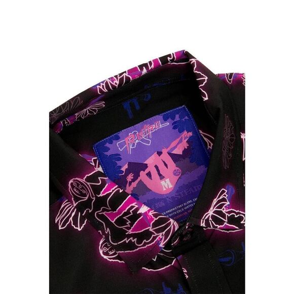 Retro Rifle Men’s Black Pink Neon Slow N Steady Sloth Button Down Shortsleeve Sh - Picture 5 of 10